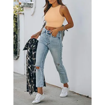 Stylish REORIA Sleeveless High Neck Cropped Tank Top