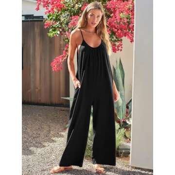 AUTOMET Jumpsuits for Women Loose Casual Sleeveless Adjustable Spaghetti Strap Stretchy Wide Leg Rompers with Pockets Black L