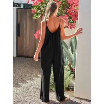 AUTOMET Jumpsuits for Women Loose Casual Sleeveless Adjustable Spaghetti Strap Stretchy Wide Leg Rompers with Pockets Black L