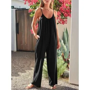 AUTOMET Jumpsuits for Women Loose Casual Sleeveless Adjustable Spaghetti Strap Stretchy Wide Leg Rompers with Pockets Black L