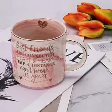 Best Friend Birthday Gifts for Women - Long Distance Friendship Gifts For BFF, Bestfriend, Besties, Christmas - Best Friends are Connected Heart to Heart - Cute Pink Marble Mug, 11.5oz Coffee Cup