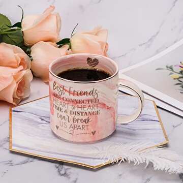 Best Friend Birthday Gifts for Women - Long Distance Friendship Gifts For BFF, Bestfriend, Besties, Christmas - Best Friends are Connected Heart to Heart - Cute Pink Marble Mug, 11.5oz Coffee Cup