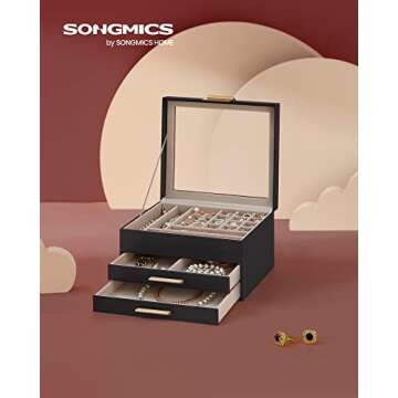 SONGMICS Jewelry Box with Glass Lid, 3-Layer Jewelry Organizer, 2 Drawers, for Big and Small Jewelry...