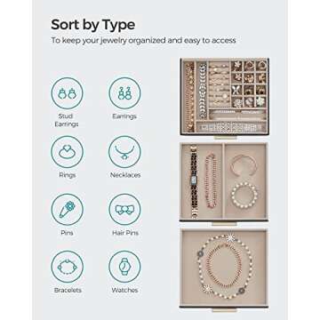 SONGMICS 3-Layer Jewelry Box with Glass Lid, Stylish Organizer