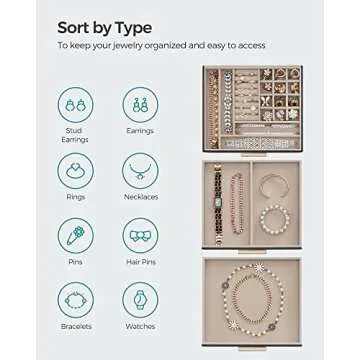 SONGMICS 3-Layer Jewelry Box with Glass Lid, Stylish Organizer