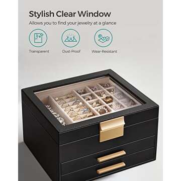 SONGMICS 3-Layer Jewelry Box with Glass Lid, Stylish Organizer