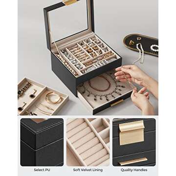 SONGMICS 3-Layer Jewelry Box with Glass Lid, Stylish Organizer