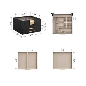SONGMICS 3-Layer Jewelry Box with Glass Lid, Stylish Organizer