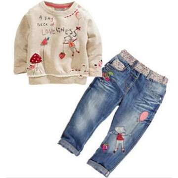 EGELEXY Little Girl Cartoon Long Sleeve Pullover Tops and Jeans Pants Sets 4PCS Outfits