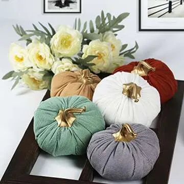Ogrmar 6 Pack Fabric Artificial Pumpkins Set Corduroy Fabric Decoration Pumpkins Lifelike Harvest Pumpkins for Halloween Fall Harvest Festival, Thanksgiving Decoration