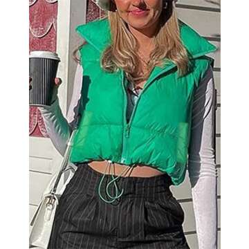 Yuemengxuan Women Cotton Padded Vest Ladies Sleeveless Crop Vest Y2k Fashion Puffer Button Down Short Top Gilet Streetwear (Green with Pockets, XL)