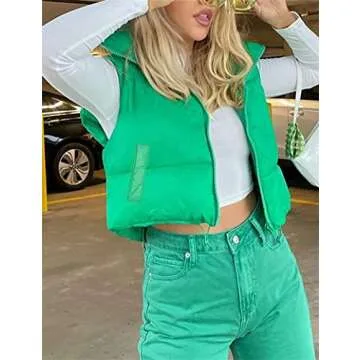 Yuemengxuan Women Cotton Padded Vest Ladies Sleeveless Crop Vest Y2k Fashion Puffer Button Down Short Top Gilet Streetwear (Green with Pockets, XL)