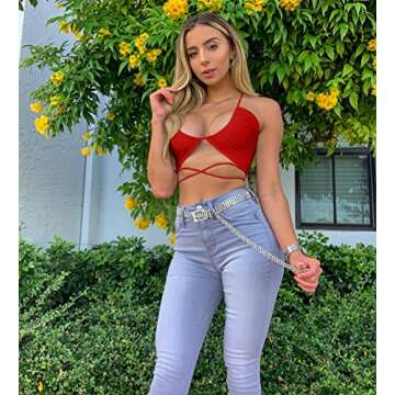 TOB Women's Sexy Criss Cross Lace Up Sling Basic Bow Tie Crop Top Red