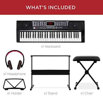 Best Choice Products 61-Key Beginners Electronic Keyboard Piano Set w/LED Screen, Lighted Keys, Recorder, 3 Teaching Modes, H-Stand, Stool, Headphones (Black)