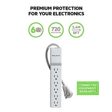 Belkin Surge Protector Power Strip - 6 AC Multiple Outlets - Flat Rotating Plug, 8ft Long Heavy-Duty Extension Cord for Home, Office, Travel, Computer Desktop & Charging Brick - White (720 Joules)