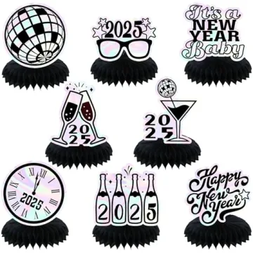 2025 Happy New Year's Eve Party Centerpiece for Table, 8 Pcs New Year's Table Decorations 2025 Iride...