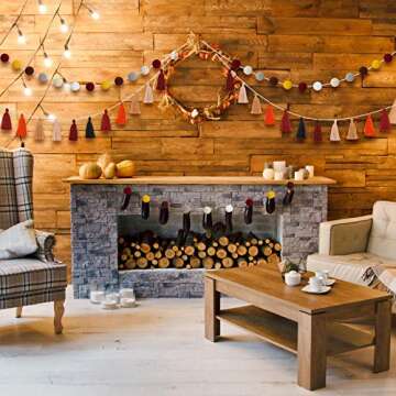 Syhood 4 Pieces Christmas Pom Pom Tassel Garland Thanksgiving Felt Ball Banner Decorative Hanging Banner for Xmas Fall Autumn Home Decoration Birthday Baby Shower Party Supplies(Classic Colors)