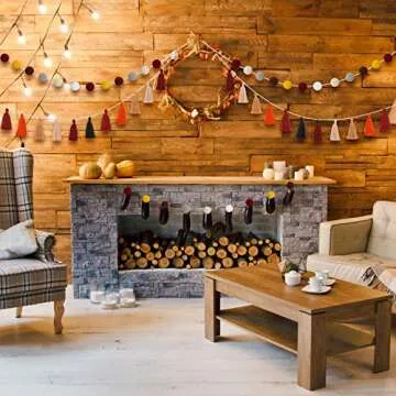 Syhood 4 Pieces Christmas Pom Pom Tassel Garland Thanksgiving Felt Ball Banner Decorative Hanging Banner for Xmas Fall Autumn Home Decoration Birthday Baby Shower Party Supplies(Classic Colors)