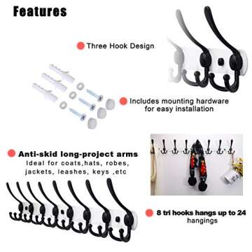 Dseap Coat Rack Wall Mount - 29.5” Long 8-Tri-Hooks Heavy Duty Coat Hanger Rail Wall Hooks for Hanging Coats Hats Clothing Clothes Purse Mudroom Entryway, White & Black, Pack of 2