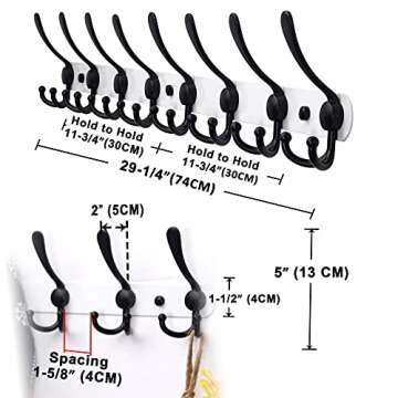 Dseap Coat Rack Wall Mount - 29.5” Long 8-Tri-Hooks Heavy Duty Coat Hanger Rail Wall Hooks for Hanging Coats Hats Clothing Clothes Purse Mudroom Entryway, White & Black, Pack of 2