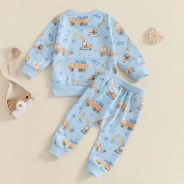 Lenjindjer Toddler Baby Boy Summer Spring Outfits Truck Heart Print Long Sleeve Tops Sweatpants 2Pcs Infant Farm Clothes Set