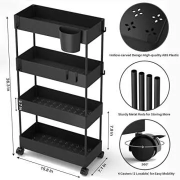 TIMEBAL 4-Tier Rolling Utility Cart, Carbon Steel, 15.5 in x 6.9 in x 37.45 in
