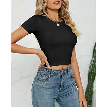 Syhood 2 Pack Women's Short Sleeve Crop Tops, Basic Round Neck Workout Sets Slim Fit Cropped Top Tight T Shirt(Small,Black/White, Short Sleeve)