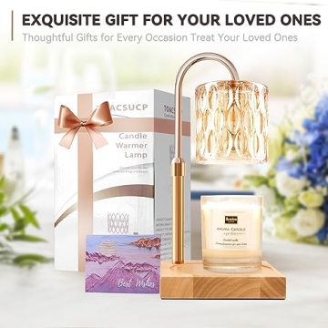 TOACSUCP Candle Warmer Lamp with 3 Bulbs, Adjustable Height Dimmable Candle Warmer with Timer, Compatible with Large Jar Candles, Candle Lamp with Charming Gift Box Ribbon for Her/Him(Natural Wood)