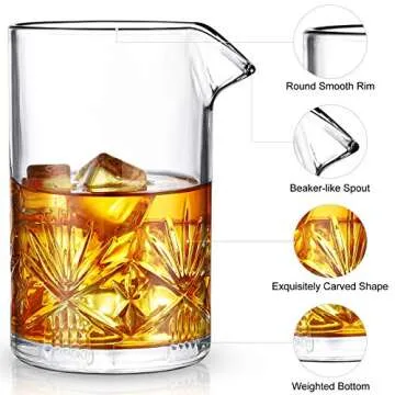 Cocktail Mixing Glass, veecom 18oz Crystal Mixing Glass Bartender Kit, 3 Piece Old Fashioned Cocktail Set with Strainer, Jigger, Bar Tools Cocktail Shaker Set, Cocktail Mixer Stirring Glass