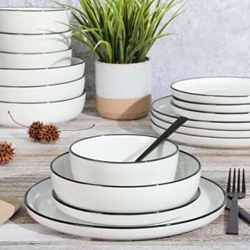 Gibson Home Oslo 16 Piece Porcelain Dinnerware Set,White w/Black Rim Rim, Service for 4 (16pcs)