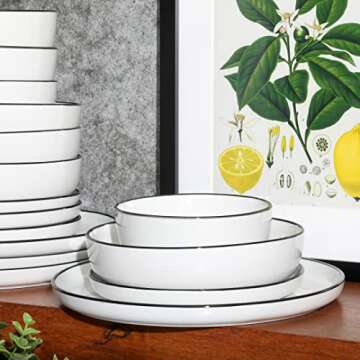 Gibson Home Oslo 16 Piece Porcelain Dinnerware Set,White w/Black Rim Rim, Service for 4 (16pcs)