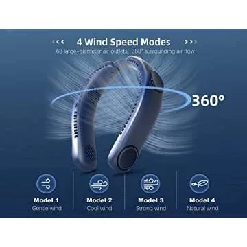 Kuject Portable Neck Fan, 4 Turbo Strong Wind Bladeless Fan, Hands Free 360° Cooling Personal Fan, 4000mAn Rechargeable Battery Operated USB Fan, 4 Speeds, for Travel, Indoor and Outdoor (Blue)