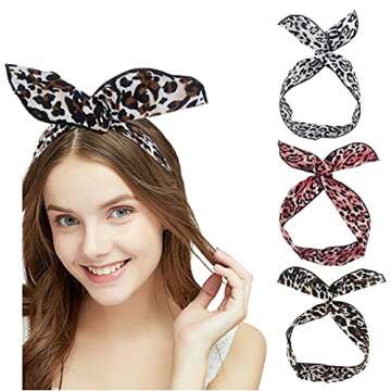 Carede Women Cheetah Print Wire Headband Rabbit Ears Hairband Wired Hair Tie Scarf Head Wrap/Assorted 9 Colors