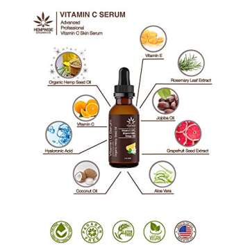 Vitamin C Serum Enriched With Organic Hemp Seed Oil, Hyaluronic Acid, Jojoba Oil, Vitamin E. Naturally Softens, Nourishes, Deep Hydration and Anti-Aging with Rich Omega Nutrients, 1 Fl Oz