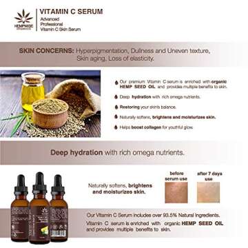 Vitamin C Serum Enriched With Organic Hemp Seed Oil, Hyaluronic Acid, Jojoba Oil, Vitamin E. Naturally Softens, Nourishes, Deep Hydration and Anti-Aging with Rich Omega Nutrients, 1 Fl Oz