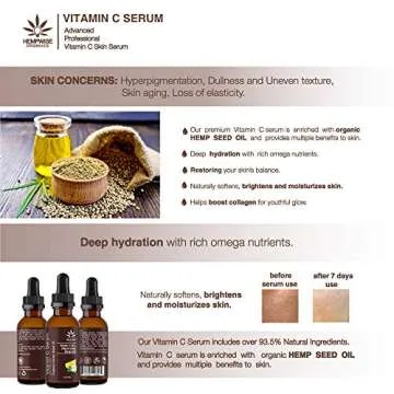 Vitamin C Serum Enriched With Organic Hemp Seed Oil, Hyaluronic Acid, Jojoba Oil, Vitamin E. Naturally Softens, Nourishes, Deep Hydration and Anti-Aging with Rich Omega Nutrients, 1 Fl Oz