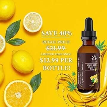 Vitamin C Serum Enriched With Organic Hemp Seed Oil, Hyaluronic Acid, Jojoba Oil, Vitamin E. Naturally Softens, Nourishes, Deep Hydration and Anti-Aging with Rich Omega Nutrients, 1 Fl Oz