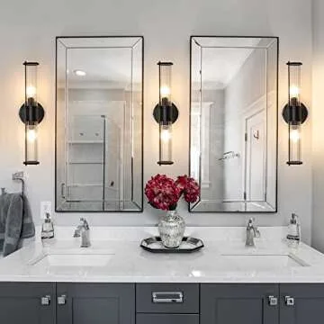 Linour Bathroom Sconce Wall Lighting - Black Bathroom Vanity Light Fixture Vertical and Horizontal Wall Mount 2-Light Modern Indoor Wall Light for Hallway Living Room(E12 Bulbs Excluded)