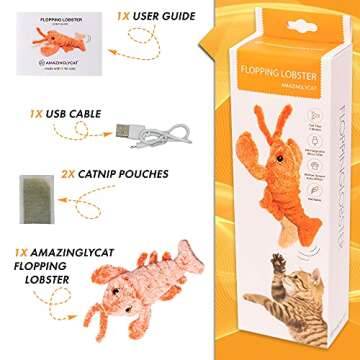 AmazinglyCat Flopping Lobster Moving Cat Toy for House Cats – Motion Activated Interactive Cat Toy with 2 Catnip Packets | USB-Charged Wiggly Lobster Toy for Dogs up to 15lbs | Soft & Washable