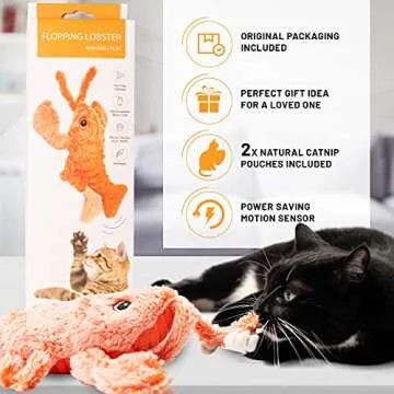 AmazinglyCat Flopping Lobster Moving Cat Toy for House Cats – Motion Activated Interactive Cat Toy with 2 Catnip Packets | USB-Charged Wiggly Lobster Toy for Dogs up to 15lbs | Soft & Washable