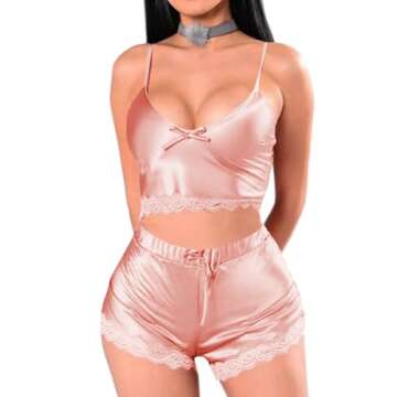 Rooscier Women's Satin Pajamas Set Spaghetti Lace Cami Crop Top Shorts Sleepwear Dusty Pink Medium