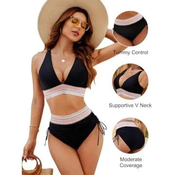 Blooming Jelly Womens High Waisted Bikini Sets Color Block Tummy Control Bathing Suit 2 Piece Swimsuits (S, Black)