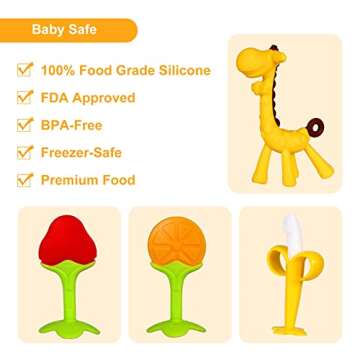 Baby Teething Toys, Silicone Baby Teether Soothe Babies Gums, Banana Toothbrushes, Fruit Shape Giraffe Teething Toys with Storage Case/Bpa-Free Teether Set for Toddler 4 Pack