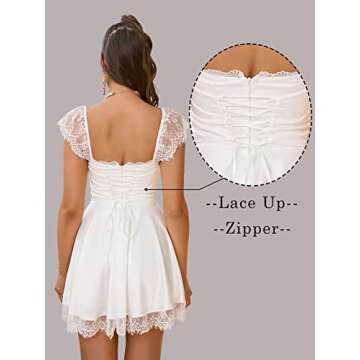 EYNMIN Women's Satin Lace Strap Mini Dress Square Neck Flowy A-Line Ruffle Swing Casual Short Dresse...