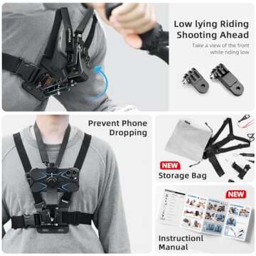 Mobile Phone Chest Strap Mount with Cell Phone Clip and Camera Holder for POV/VLOG/Video Recording/Cycing/Kayak/Fishing Compatible with iPhone,Samsung, for GoPro Hero 13 12 11 10 9,Insta360,DJI,AKASO