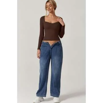 QINSEN Women's Sexy Sweetheart Neck Long Sleeve Cropped Tee Shirt for Fall Winter Y2k Tops Chestnut S