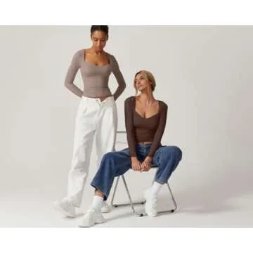 QINSEN Women's Sexy Sweetheart Neck Long Sleeve Cropped Tee Shirt for Fall Winter Y2k Tops Chestnut S