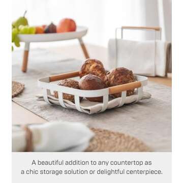 Yamazaki Home Tosca Fruit Basket - Kitchen Decorative Metal Holder Bowl - Steel + Wood, White