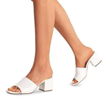 DREAM PAIRS Women's Square Open Toe Heels Sandals Low Block Chunky Heeled Sandals Slide Sandals Slip on Comfortable Casual Pumps Shoes,Size 8,WHITE-PU,SDHS2432W