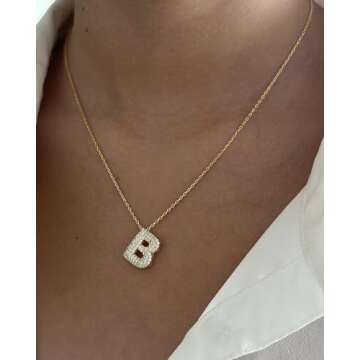 SHINELIZ 925 Sterling Bubble Letter Necklace Gold, Initial Necklaces for Women, Iced Out A-Z Pendant Alphabet Charm, Custom Sparkle Diamond Balloon Necklace, 14k Gold Plated Personalized Jewelry